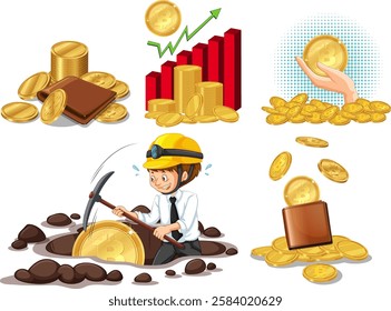 Depicts Bitcoin mining, investment, and financial growth concepts