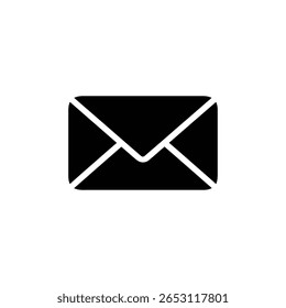 Depicts a black envelope icon, commonly used to represent email, mail, messages, or general correspondence in digital and print design. Timeless communication symbol.