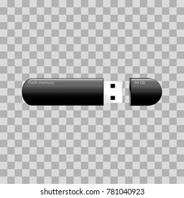 It depicts a black object in the form of flash memory with the inscription 64 GB