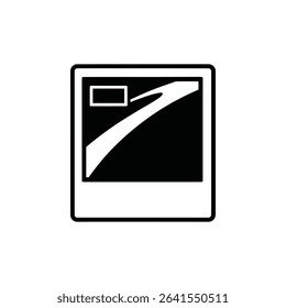 Depicts a black road merge sign with a white road diverging into two lanes inside a thick black frame, offering clear directional guidance for drivers.