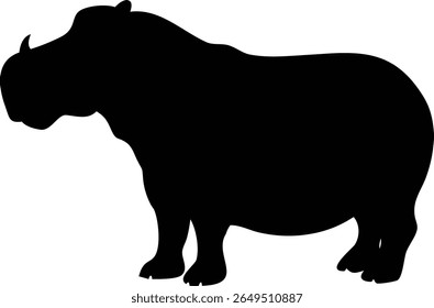 Representa uma silhueta preta de um hipopótamo em pé sobre um fundo branco, mostrando seu perfil lateral. O design simples captura a construção robusta do animal.