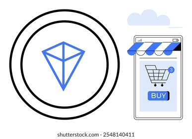 Depicts a blue geometric cryptocurrency symbol in a circle next to a mobile screen displaying an online shopping cart with buy button. Ideal for e-commerce, digital marketing, finance