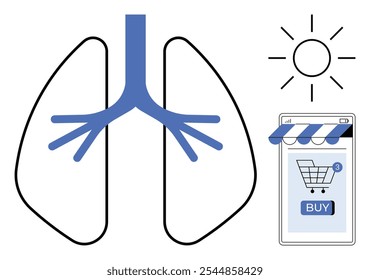 Depicts blue lungs, a sun, and a smartphone with a shopping cart icon. Ideal for health, medical, wellness, online shopping, and e-commerce themes. Simple, clean style