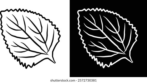 Depicts a bold outline of a stylized leaf, shown in both white and dark contrasting backgrounds. Features a clear design with a focus on simplicity, symmetry, and organic patterns.