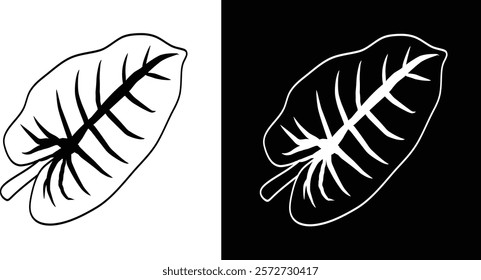 Depicts a bold outline of a stylized leaf, shown in both white and dark contrasting backgrounds. Features a clear design with a focus on simplicity, symmetry, and organic patterns.