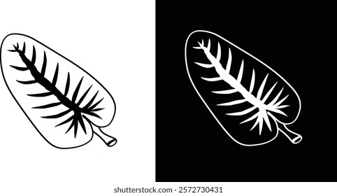 Depicts a bold outline of a stylized leaf, shown in both white and dark contrasting backgrounds. Features a clear design with a focus on simplicity, symmetry, and organic patterns.