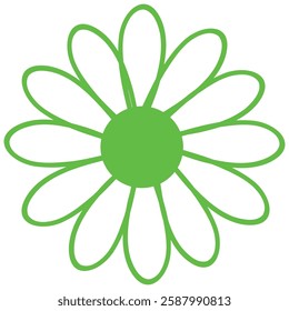 The depicts a bright green, stylized flower, similar to a daisy, with a round center and symmetrical, curved petals.