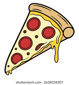 Depicts a cartoon style, triangular pizza slice complete with red pepperoni and dripping yellow cheese on a transparent background.