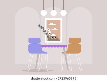 Stellt eine charmante Café-Einrichtung, ein Lavendel-Tisch, begleitet von einer Perücke und einem Karamelll Stuhl, sitzt unter drei leuchtenden Hängeleuchten, zeigt ein lustiges Kunstwerk mit Augen Blick