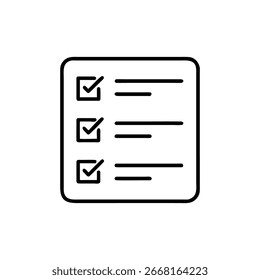 Depicts a checklist icon with three tick marks and horizontal lines, rendered as a simple black outline on a transparent backdrop, ideal for minimalist designs.