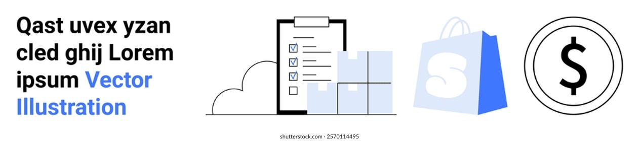 Depicts a checklist on a clipboard, a shopping bag, and a dollar symbol in circles. Ideal for e-commerce, financial management, online shopping, business planning, and budgeting. Landing page