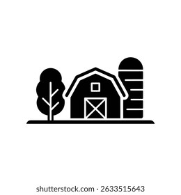 Retrata uma silhueta clássica do celeiro emparelhada com um silo e uma árvore contra um fundo branco sem costura, enfatizando a arquitetura rural em um estilo minimalista.