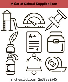 Depicts a collection of line-art icons representing school elements playground slide, grading, pushpin, ink, medical bottle, bell, tape roll, and report card.
