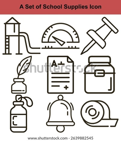 Depicts a collection of line-art icons representing school elements playground slide, grading, pushpin, ink, medical bottle, bell, tape roll, and report card.