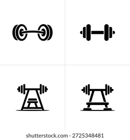 Stellt eine Kollektion minimalistischer flacher Vektorsymbole dar, die Fitnessgeräte mit Hantel, Langhantel und Gestell einzeln auf weißem Hintergrund zeigen.