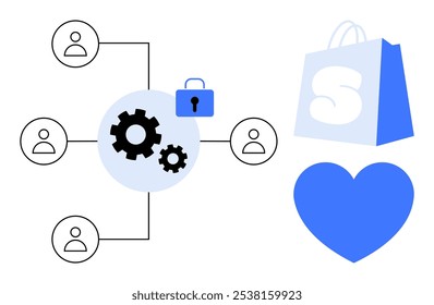 Representa la conectividad entre los usuarios y un símbolo de equipo, una bolsa de compras con una S y un corazón. Ideal para comercio electrónico, seguridad en línea, relaciones con Clientes, compras y tecnología. Arte vectorial plano