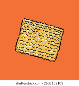 Depicts a creative artistic illustration of dried ramen noodles juxtaposed against an orange backdrop, emphasizing texture and vivid color.