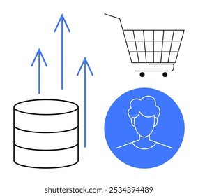 Depicts data storage growth with arrows pointing upward, a shopping cart, and a user profile icon in blue circle. Ideal for business, technology, data analytics, online shopping, customer profiles
