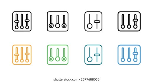 Depicts a diverse set of equalizer icons, showcasing different sound mixer slider arrangements. Each icon is presented in various vibrant colors against a white background.