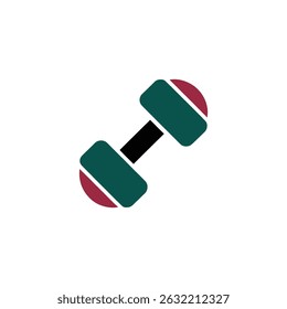 Depicts a dumbbell with rounded square weights. Shows a black handle with a green body and red accents isolated on transparent background.