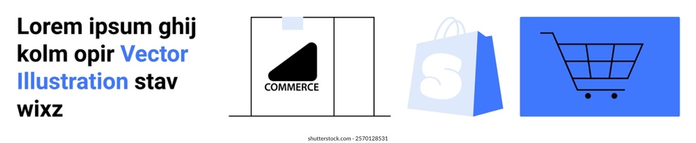 Depicts elements related to online shopping including a commerce logo a shopping bag and a shopping cart. Ideal for e-commerce websites, online shopping, retail marketing, digital transactions