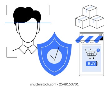 Depicts facial recognition, a security shield, a shopping cart on a mobile screen, and stacked boxes. Ideal for e-commerce security, online shopping convenience, digital transactions, logistics