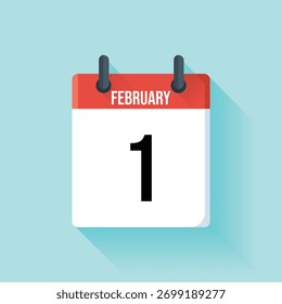 Depicts a flat vector calendar icon showing February 1st. Minimalist red and white design on a light blue backdrop.