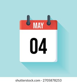 Descreve um ícone de calendário vetor plano com a data de 4 de maio. A página é vermelha e branca com números pretos exibidos em um plano de fundo azul claro.