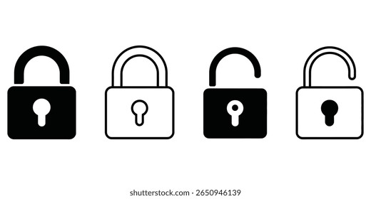 Depicts four lock icons, two locked and two unlocked, designed with bold black lines on a transparent backdrop indicating security statuses.