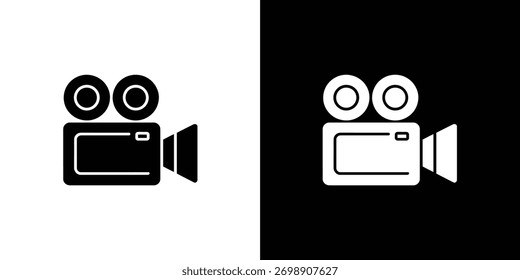 Depicts a high-resolution, side-by-side black and white graphic icon of an old-fashioned movie camera, perfect for illustrating film concepts or technology design.