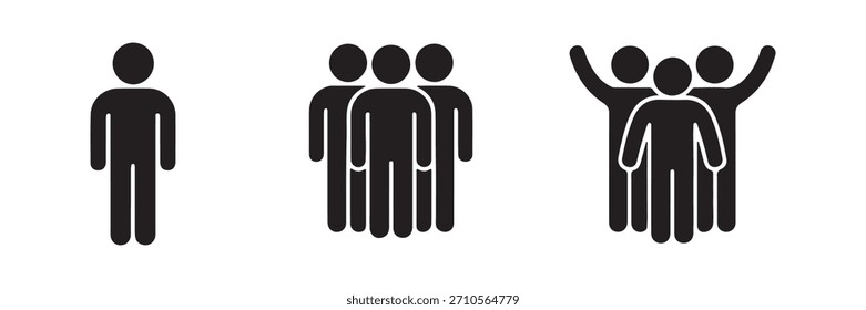 Depicts an individual, a group of three standing together, and a group celebrating with raised arms, rendered in black pictogram icons, clearly visible against white.