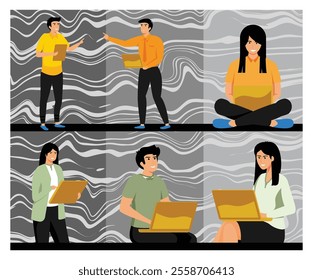 Depicts individuals engaging in teamwork while using notebooks, showcasing innovative workplace scenarios and interaction. Flat vector modern illustration  