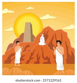 Depicts individuals in traditional clothing worshiping in rocky desert mountains. The landscape reflects cultural traditions in an inspiring desert setting. Flat vector modern illustration