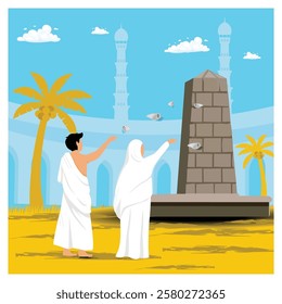 Depicts individuals wearing Ihram clothing participating in the symbolic ritual of stoning during the Hajj pilgrimage. Flat vector modern illustration 