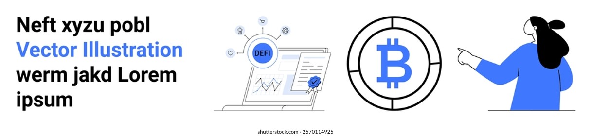 Depicts laptop with graphs and bitcoin symbol, bitcoin currency icon, and a person in blue pointing. Ideal for cryptocurrency analysis, blockchain technology, digital currency trading, fintech