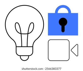 Depicts a light bulb, blue padlock, and video camera symbol. Ideal for creativity, security, media, innovation, and technology themes. Simplistic and minimal design. Black and blue colours. Vector