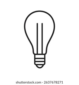 Depicts a light bulb, its filament represented by two vertical lines. Features a classic shape, minimalist design, and transparent backdrop.