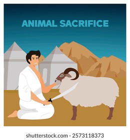 Depicts a man kneeling with a goat and a sword in his hand in a barren outdoor environment, symbolizing tradition and ritual. Flat vector modern illustration