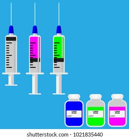 It depicts medical syringes with needles, jars with multi-colored saline solutions, with the possibility to insert their own text, two syringes are filled with solutions, one syringe is empty.
