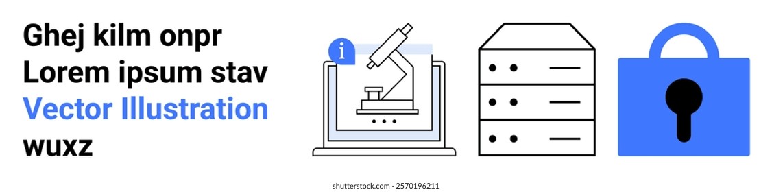 Depicts a microscope on a laptop, server stack, and a padlock highlighting scientific research, data storage, and security. Ideal for digital solutions, education, technology, research labs