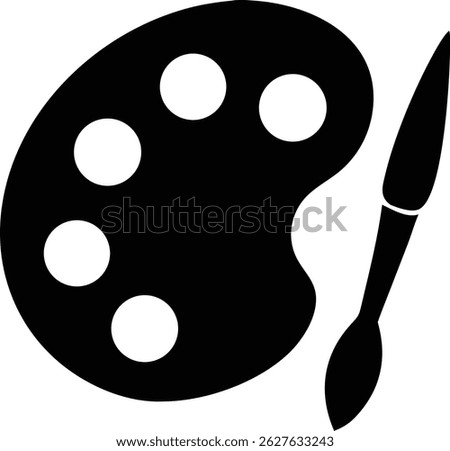 Depicts a minimalist black artist palette filled with paint spots, accompanied by a paintbrush lying next to it on a white background. The image is simple yet striking.