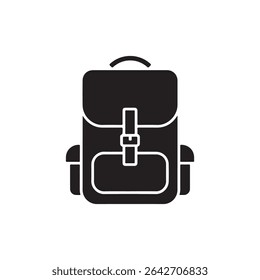 Depicts a minimalist black silhouette of a camping backpack. Highlights a top flap secured with a buckle, a rectangular main compartment, and convenient side pockets. White background.