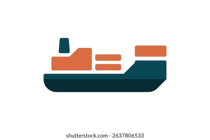 Depicts a minimalist, flat-style icon of a container ship in dark blue and tan, showcasing its hull, containers, and basic structural elements on white background.