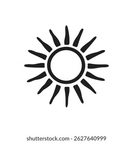 Depicts a minimalist stylized sun icon featuring a solid black silhouette with radiating rays against a clean, transparent backdrop. Clean design, graphic illustration.