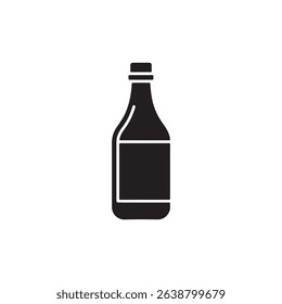 Depicts a minimalistic black silhouette of a bottle with a blank label area set against a white background, presented as a clean vector icon design.