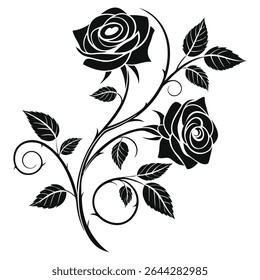 Depicts a monochrome floral arrangement featuring two detailed rose blossoms. The rose flowers are accented by gracefully curving branches and leaves creating an elegant natural decoration.