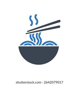 Depicts noodles with chopsticks in a bowl icon