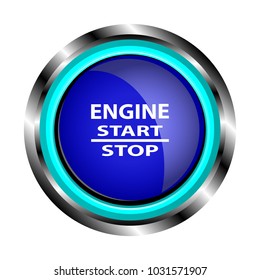 It depicts an object in the form of a blue engine start button with a glass glare, in a metal case, with engine, start and stop inscriptions.