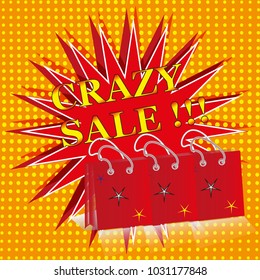 It depicts an object in the form of an explosion of red color in the style of pop art, the inscription of a crazy sale with exclamation marks, below, holiday packages with stars.