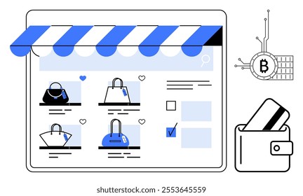 Depicts an online shopping website with handbags, a digital wallet, and bitcoin symbol. Ideal for e-commerce, online shopping, cryptocurrency transactions, digital payments, fintech. Clean vector